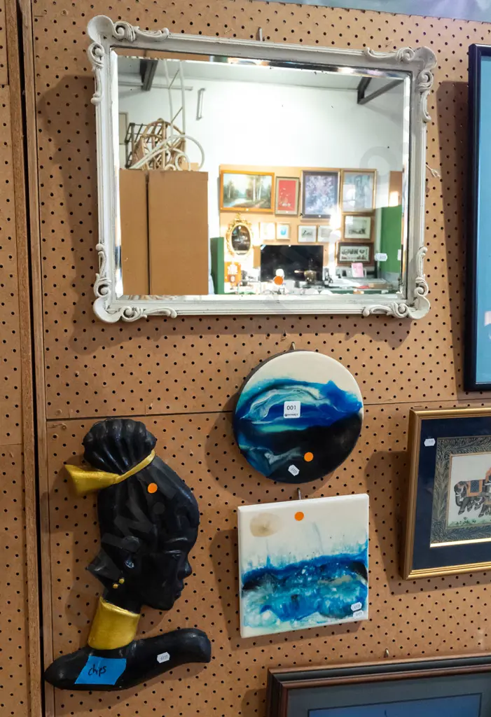 hand painted framed bevelled edge wall mirror, wall silhouette - chips, 2x ceramic tiles - orange dots Image 1++