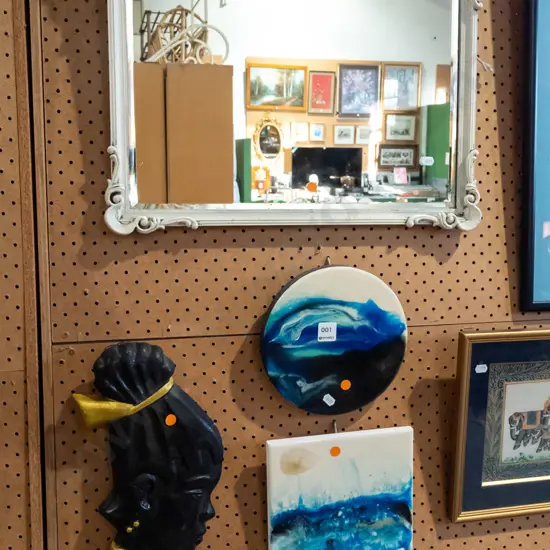 hand painted framed bevelled edge wall mirror, wall silhouette - chips, 2x ceramic tiles - orange dots
