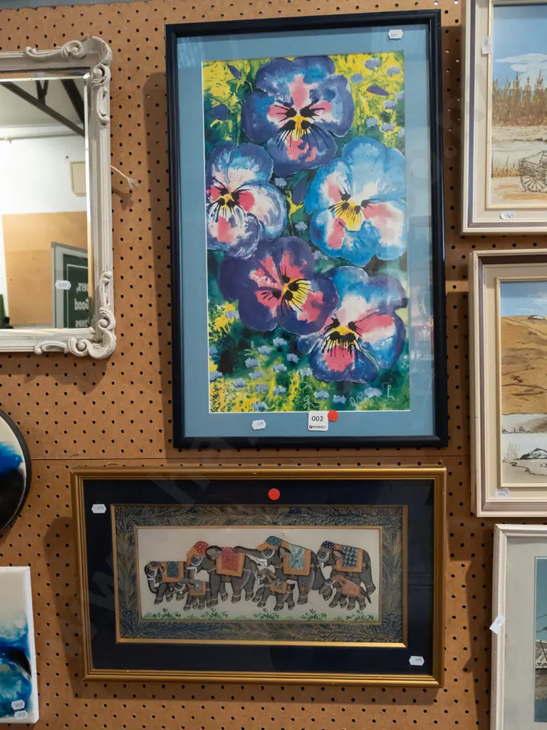 framed digital print - pansies, framed Indian batik elephants - red dots Image 1++