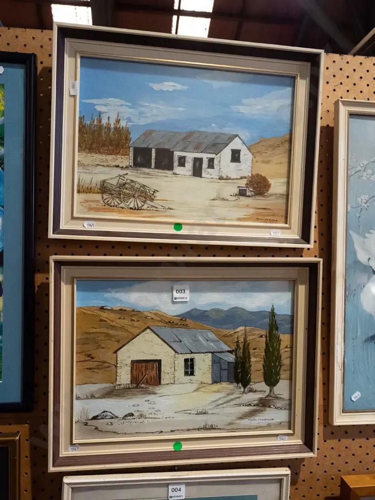 2x framed oils on board - historic farm buildings - green dots Image 1++