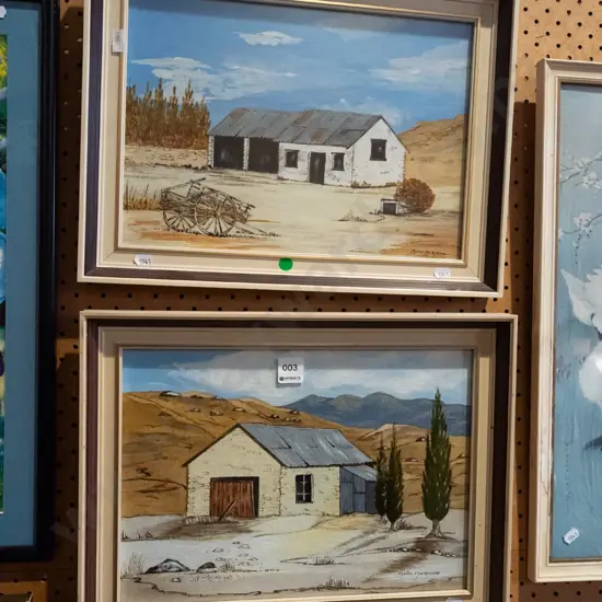 2x framed oils on board - historic farm buildings - green dots