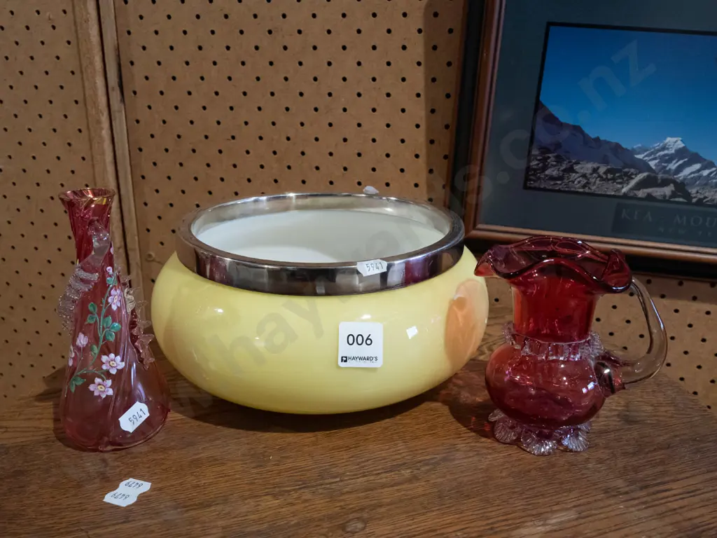 yellow glass based bowl with plated rim, 2x ornate cranberry glass -  jug and vase Image 1++