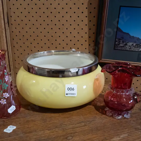 yellow glass based bowl with plated rim, 2x ornate cranberry glass -  jug and vase