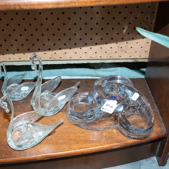 3x glass swans, Japanese crystal tea candle candelabra