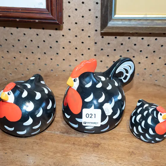 3x hand painted happy hens