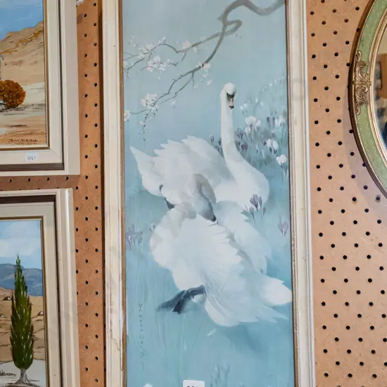 framed Vernon Ward swan print - frame needs attention H540