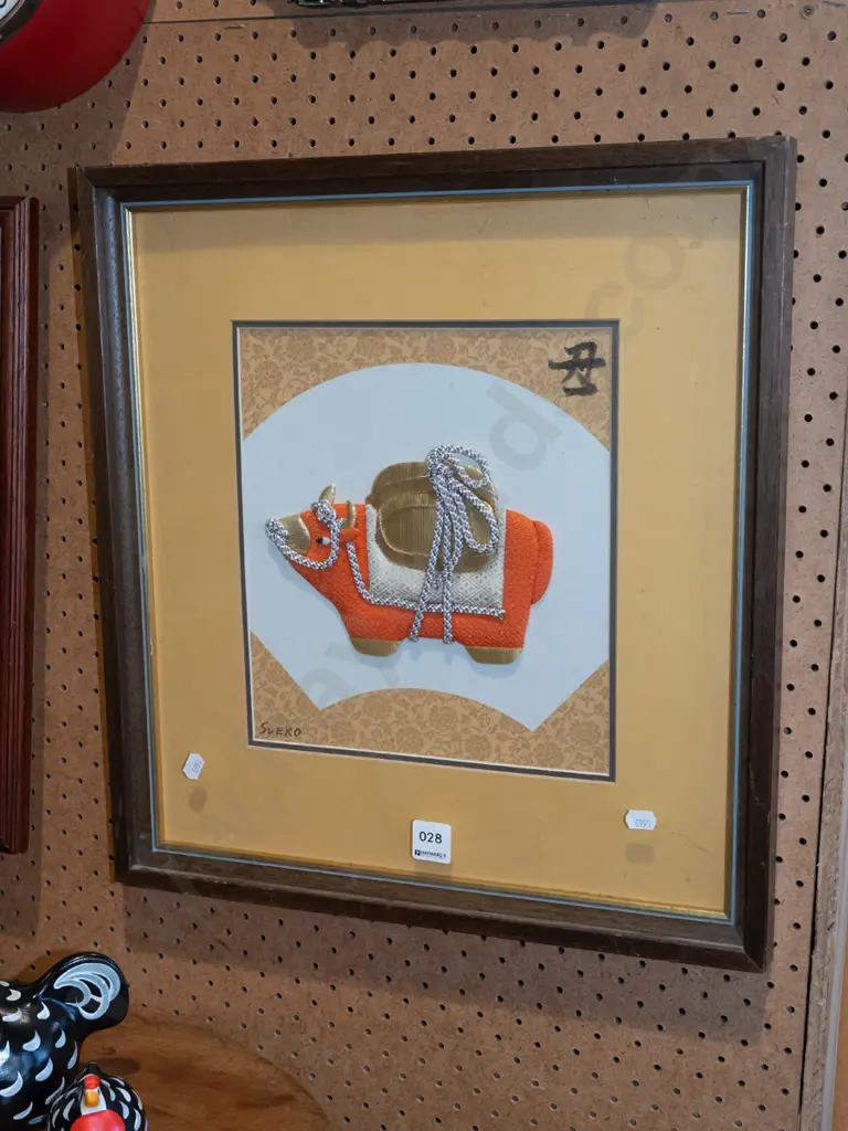 framed Asian fabric artwork - ox Image 1++
