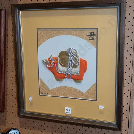 framed Asian fabric artwork - ox