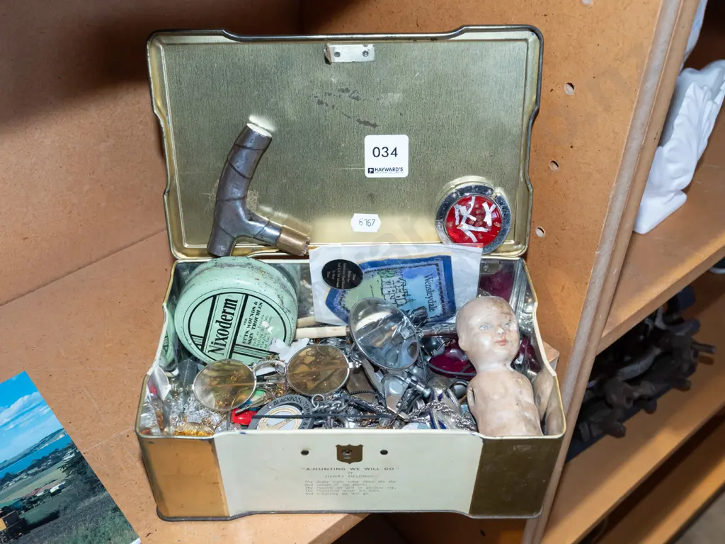vintage tin and contents; button holer, riding crop handle, badges etc Image 1++