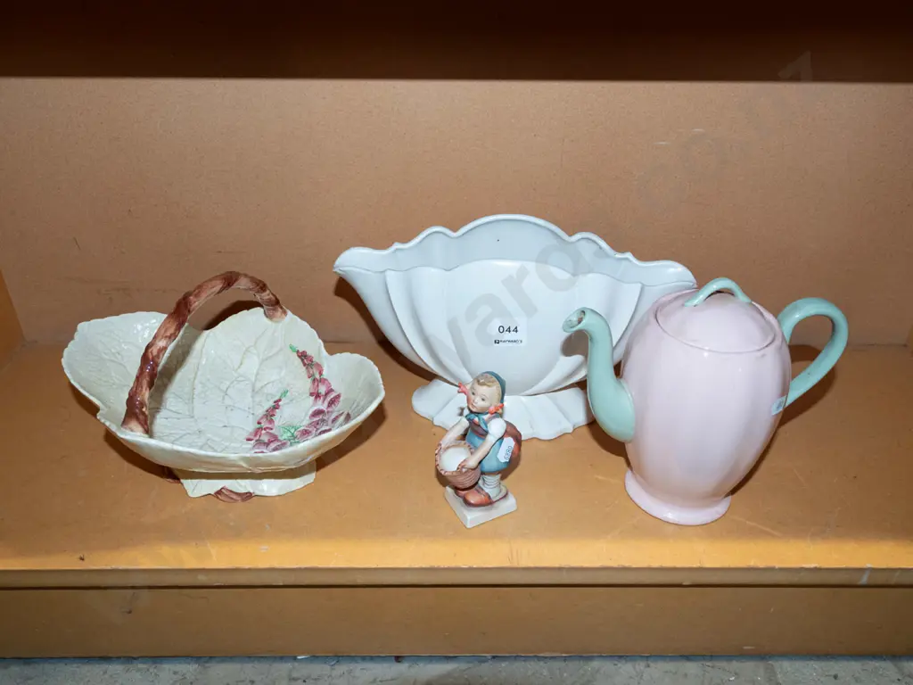 Hummel figurine, Carlton foxglove basket, Grindley coffee pot, white vase with chip Image 1++