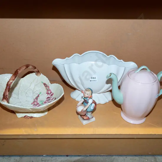 Hummel figurine, Carlton foxglove basket, Grindley coffee pot, white vase with chip