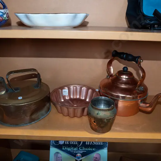 copper kettle, teapot, jelly mould etc