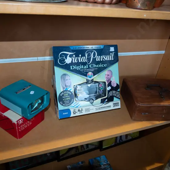 slide viewer, trivial pursuit digital game, mahogany writing box