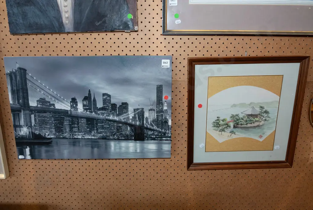 print on canvas - New York city, Asian oil - pagoda and bridge - red dots Image 1++