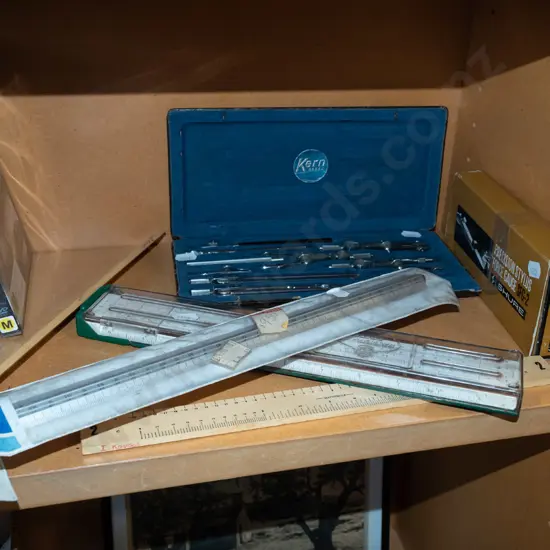 technical drawing set, stylus force gauge, rulers