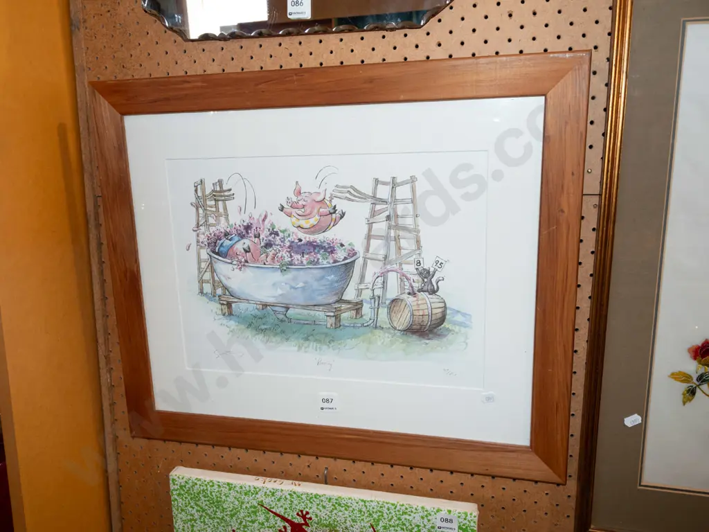framed ltd edition print - pigs pressing wine Image 1++