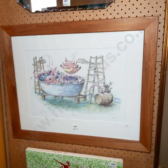 framed ltd edition print - pigs pressing wine