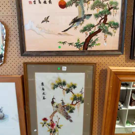 2x framed Asian needleworks - birds