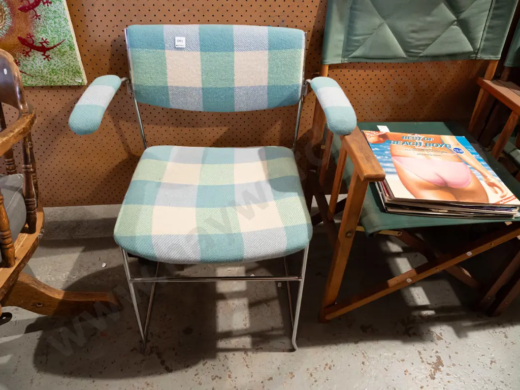 chrome office chair - reupholstered in checked woollen blanket Image 1++
