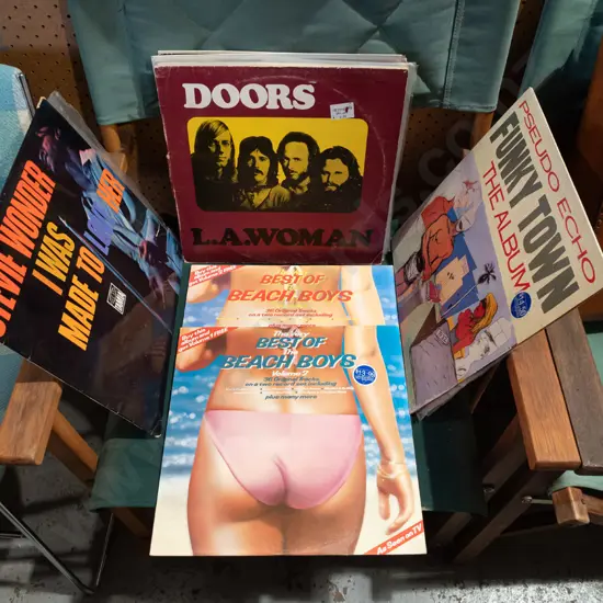 stack of LPs; Beach Boys, Pseudo Echo, Doors etc
