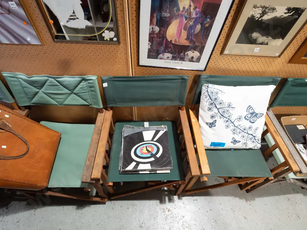 6x green canvas and hardwood folding outdoor chairs Image 1++