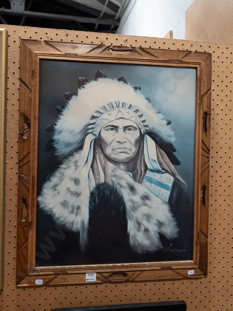 framed first nations chieftan print in rustic carved frame Image 1++