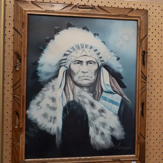 framed first nations chieftan print in rustic carved frame