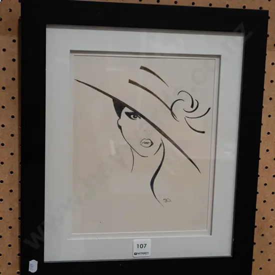 framed pen and ink - female portrait