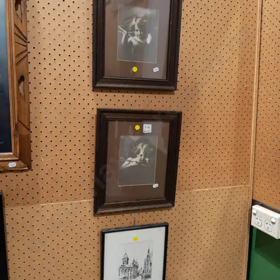 2x framed cherub prints, framed small Shona McFarlane print - yellow dots