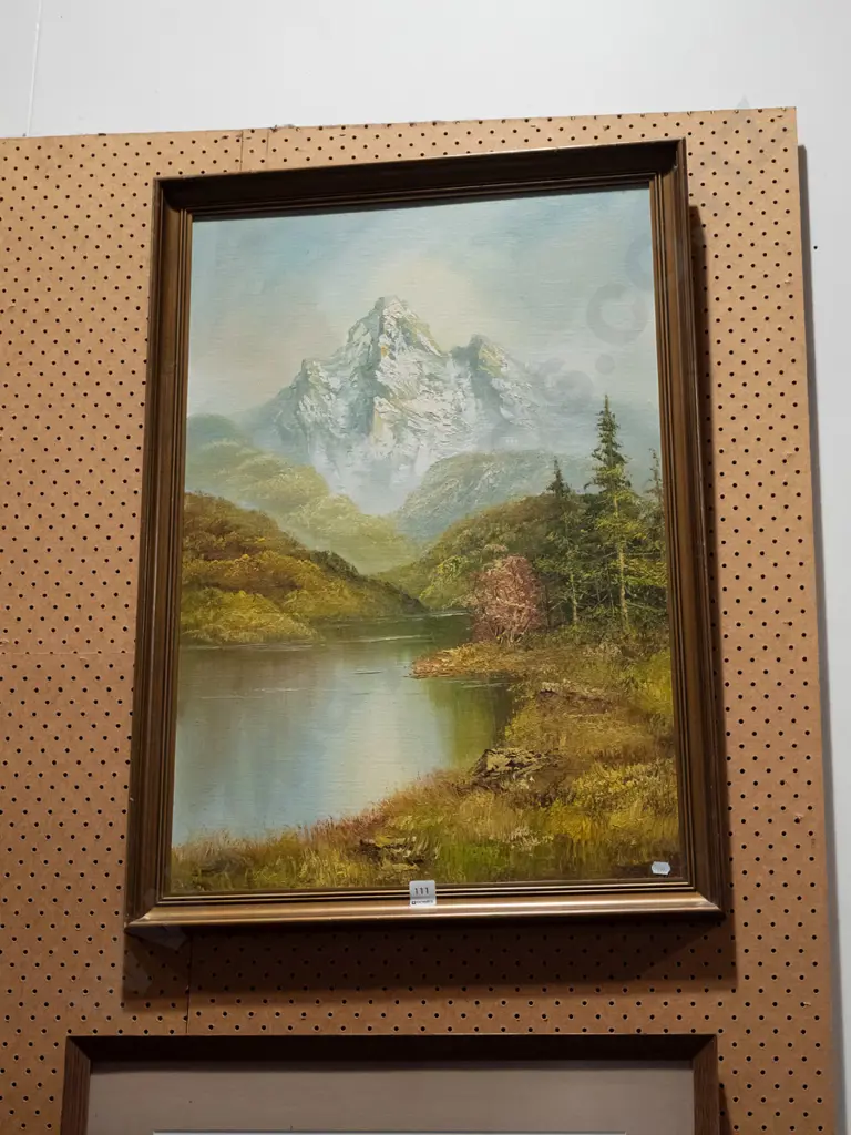 framed oil on board - lake and mountain scene Image 1++