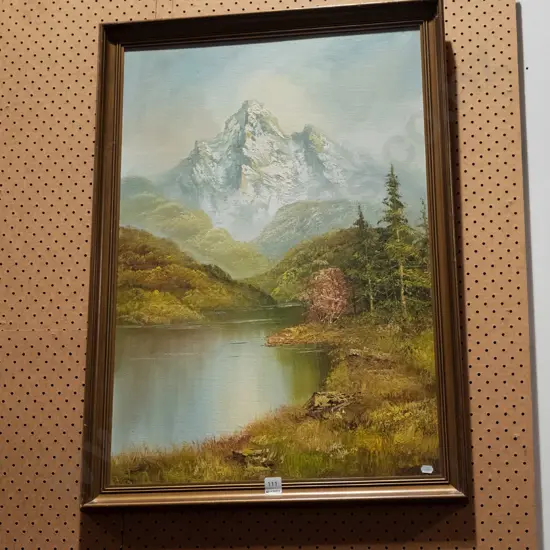 framed oil on board - lake and mountain scene