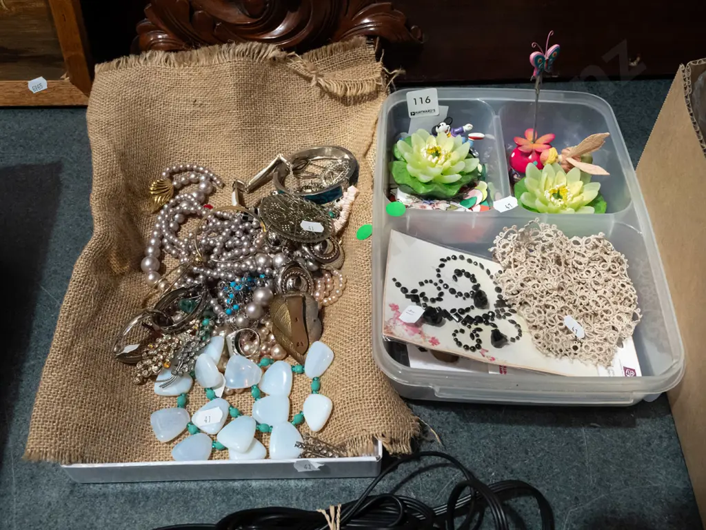 segmented organiser with candles, cut outs etc, tray of costume jewellery - green dots Image 1++