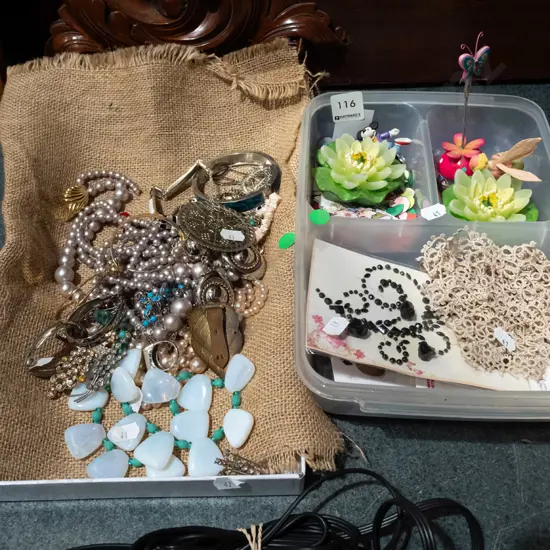 segmented organiser with candles, cut outs etc, tray of costume jewellery - green dots