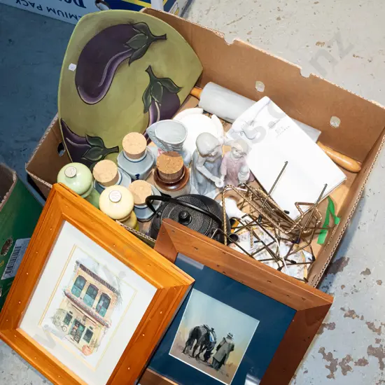 box; electric can opener, salt and pepper grinders, cast iron teapot etc