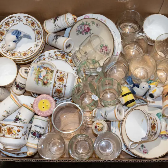 box; cups, saucers, glass tumblers etc