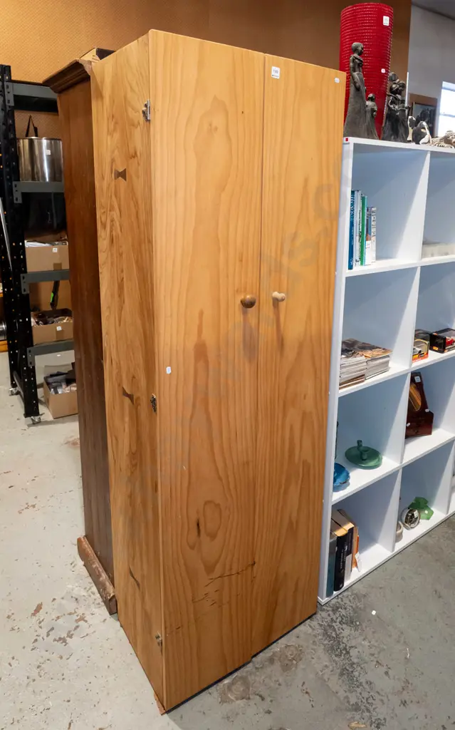 homemade pine 2 door cabinet with mismatched handles and internal shelves H1790 W570 D405 Image 1++