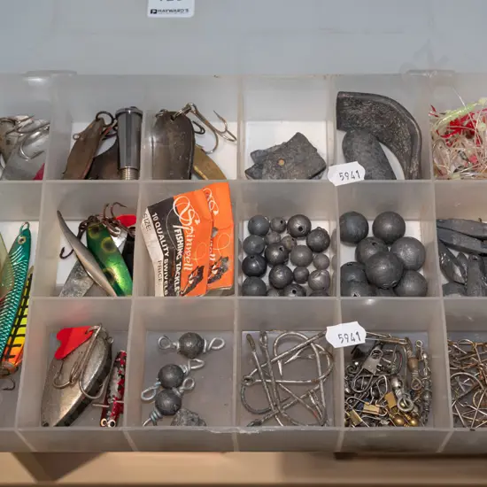 plastic organiser, fishing tackle contents