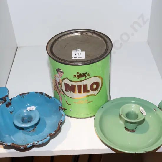 vintage Milo tin, 2x chamber sticks