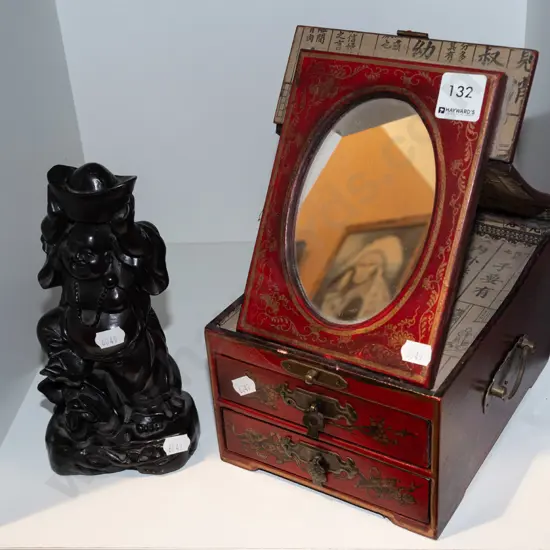 Asian jewellery box with mirror, carved stone buddha H200