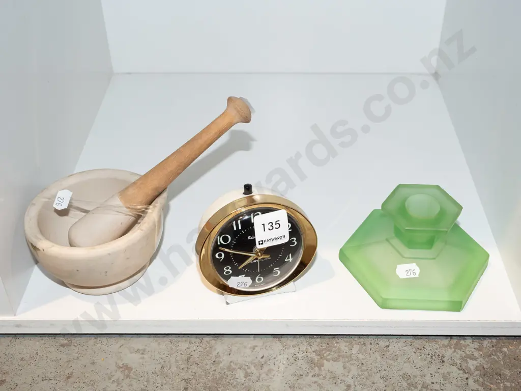 mortar and pestle, alarm clock, depression glass candlestick Image 1++