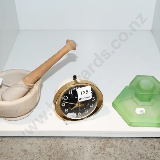 mortar and pestle, alarm clock, depression glass candlestick