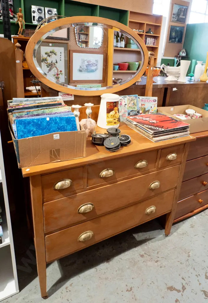 solid rimu 5 drawer mirror back with oval bevelled edge mirror H1640 W1065 D510 Image 1++