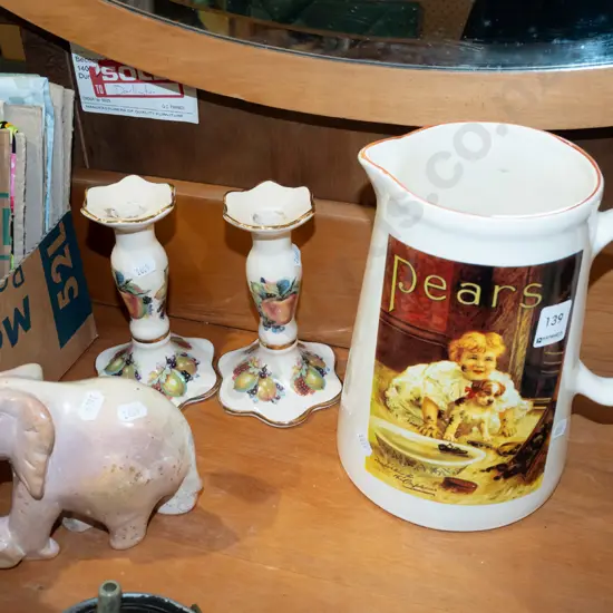 Pears advertising jug, 2x candlesticks, stone elephant Jug h230