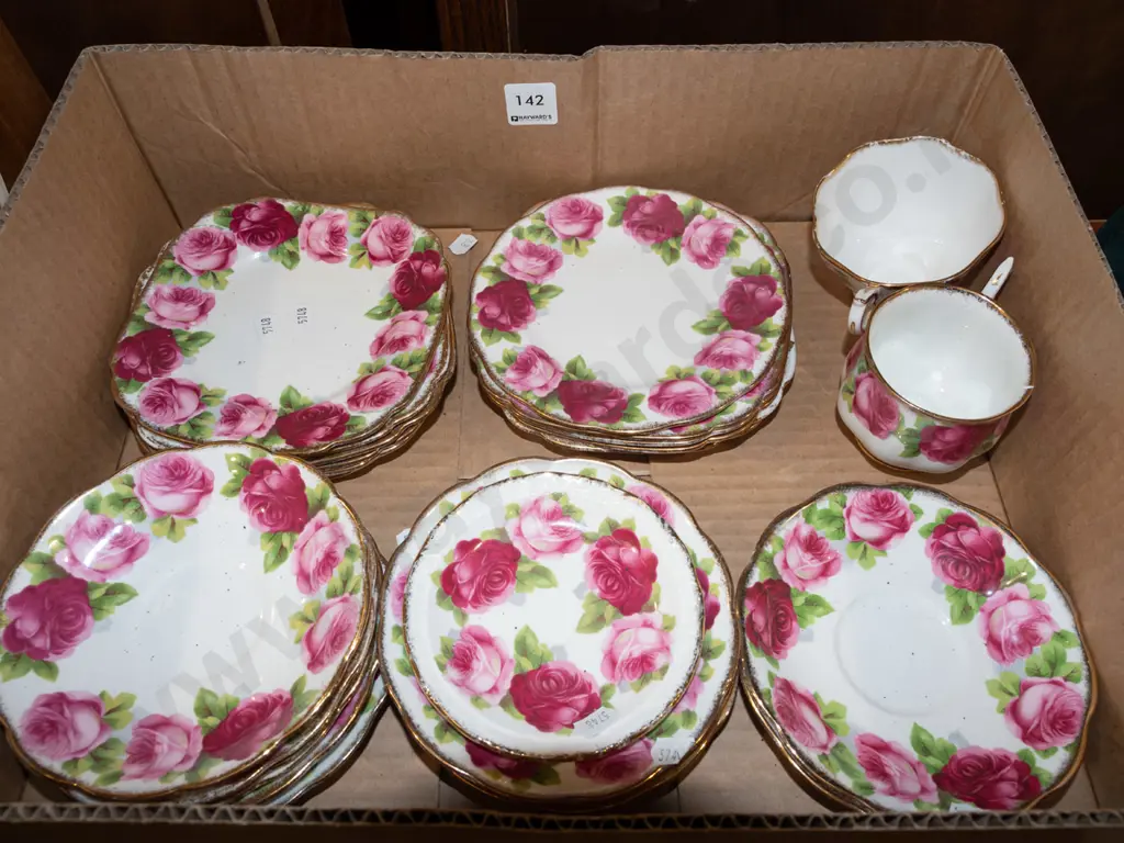 box; Old English rose cups, saucers  etc Image 1++