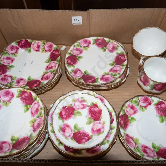 box; Old English rose cups, saucers  etc