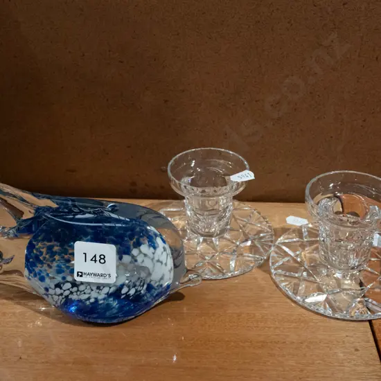 art glass fish, 2x cut crystal candlesticks