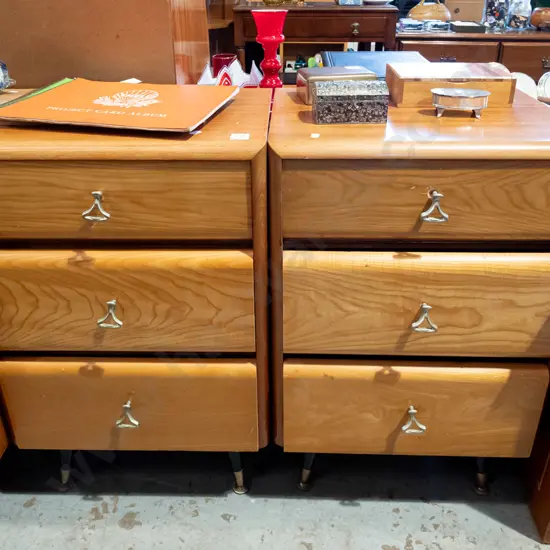 pair of mahogany and pine 3 drawer bedside cabinets