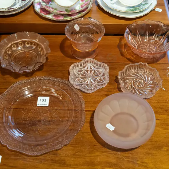 assorted pink glass items; bowls, trays etc