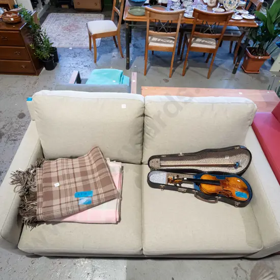 modern green fabric upholstered 2 seater settee - good condition