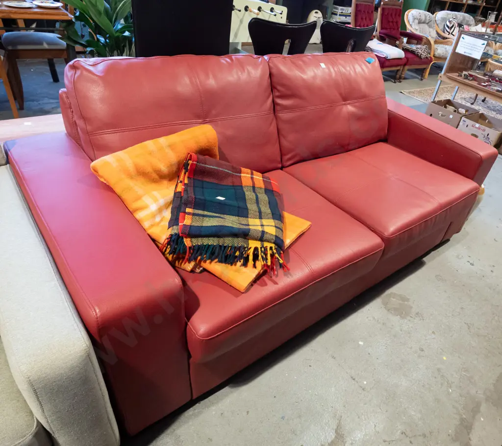 red leather upholstered 2 seater divan bed - needs a clean Image 1++